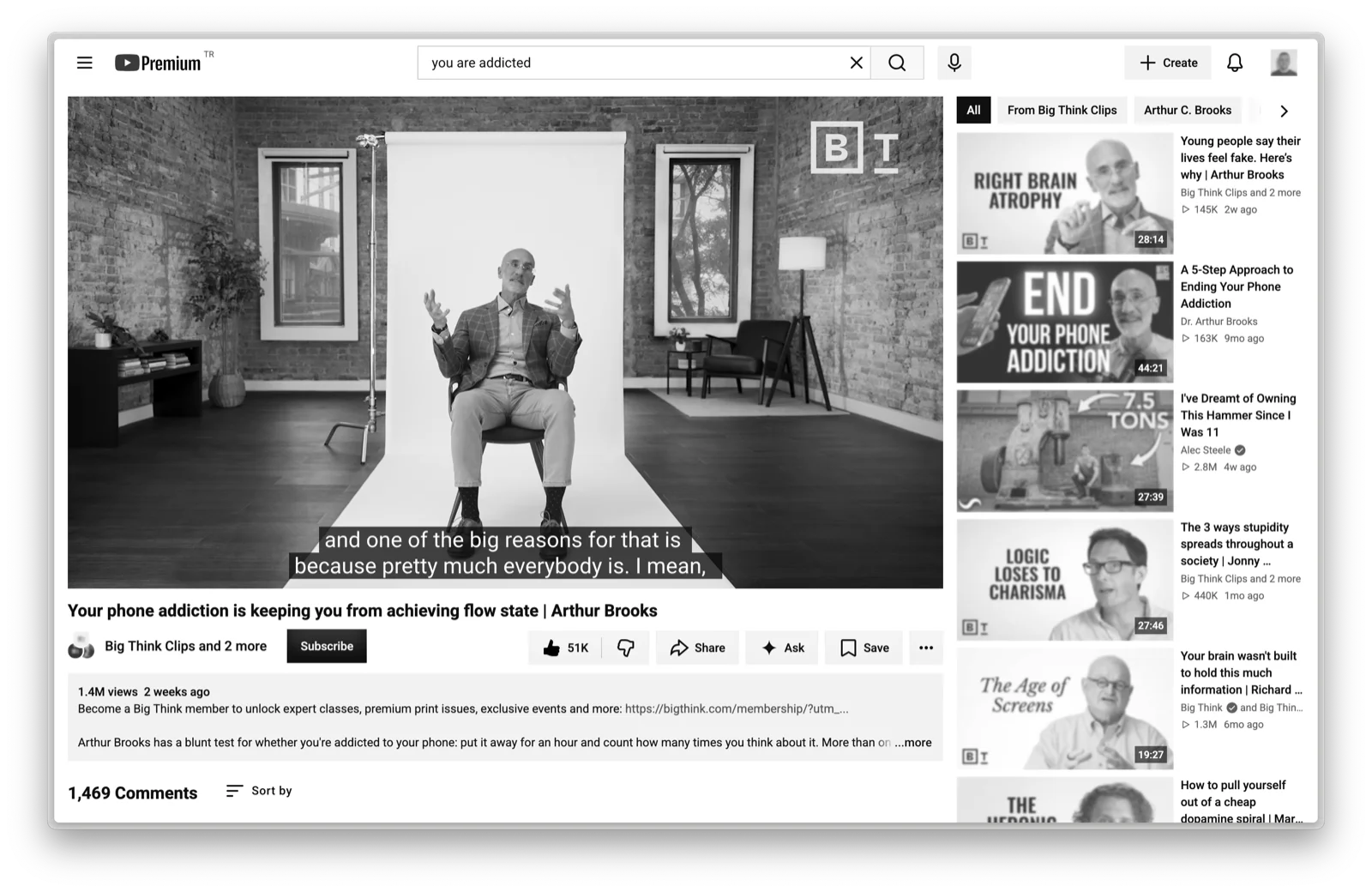 The YouTube page of an Arthur Brooks video about phone addiction